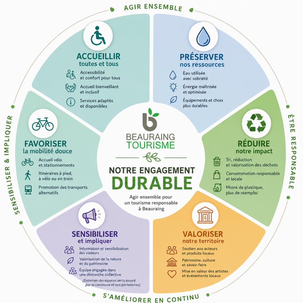 Schéma circulaire présentant les engagements durables de l’Office du Tourisme de Beauraing : accessibilité, préservation des ressources, réduction des déchets, valorisation du territoire, sensibilisation et mobilité douce.